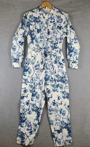 Anthropologie LUCIENNE Belted Long Sleeve Floral Jogger Jumpsuit Sz 6 White Blue - Picture 1 of 13