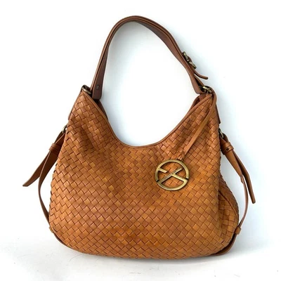 Bolso de Hombro Francesco Biasia Cuero Tejido Cartera Camel Media Luna Tostado  Foto 1 de 4