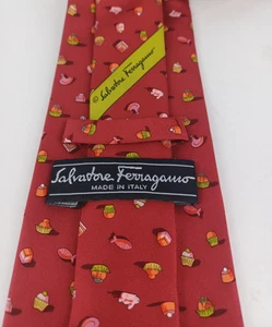 Salvatore Ferragamo Snacks Cupcakes Chickens Rabbits Silk Tie Italy Red - Picture 1 of 5
