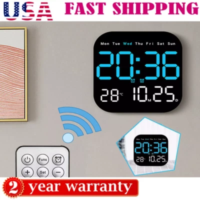 Square LED Large Digital Wall Clock Remote Control Temperature Date Week Display - Image 1 of 4