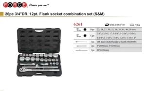Force 6261 26pc 3/4" Dr. 12pt Metric & SAE Socket & Ratchet Handle Extension - Picture 1 of 6