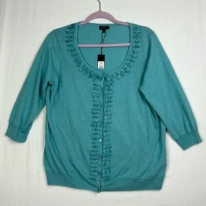 Talbots Women's Aqua Linen Cotton Ruffle Cardigan NWT sz X - fits like a Large - Picture 1 of 11