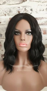 Schwarz Strand Wellen Spitze Scheitel Damen Schulterlang Perücke 1B UK Verkäufer - Picture 1 of 8