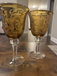 Set of MICHAEL WEEMS style Amber Gold Etched Floral Patterned Glass Goblets EUC - Picture 1 of 5