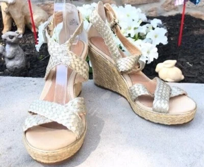 Sperry Top Sider 女式皮革楔形金色踝带帆布凉鞋 9M 码 — 第 1/4 张图片