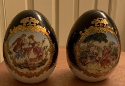 2 Vintage L.F Fine Porcelain Limoges PRC Cobalt Blue Egg Fragonard 22k Foil - Image 1 of 4