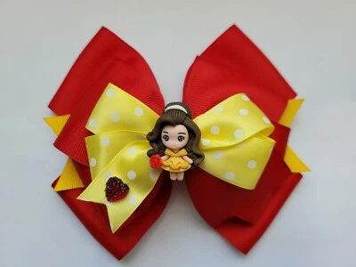 CUTE!!  6" princess belle layered handmade Boutique Hair Bow W/3D resin center. - Image 1 of 3