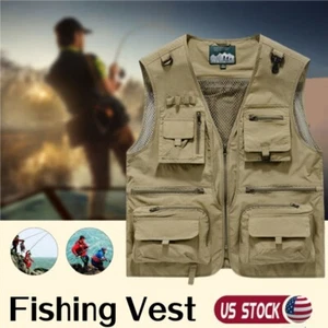Men's Mesh Quick Drying Fishing Vest Multi Pocket Hiking Tactical Jacket Tops - Picture 1 of 11