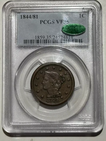 1844/81 Braided Hair Cent PCGS VF-35 BN CAC Cover