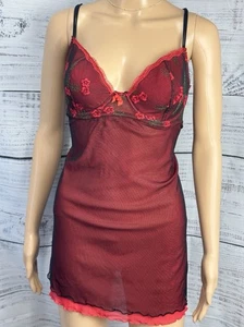 VTG Y2K Rampage Red Sheer Slip Lingerie 38C Floral Lace Mini Babydoll Nightie - Picture 1 of 17