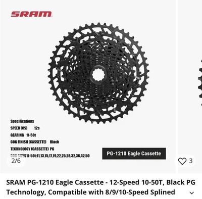 SRAM PG-1210 Eagle Cassette - 12-Speed 10-50T, Black, Compatible 8/9/10-Speed - Image 1 of 4