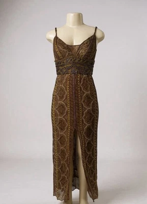 Vestido Y2K Vintage Boho Dolce Jovani Seda Con Cuentas Frontales Abertura Tierra Tomos Talla 4 Foto 1 de 4