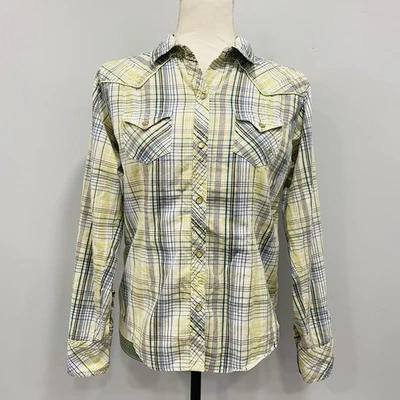 Blusa Ariat Feminina M Manga Longa Amarela Xadrez Pérola Snap Western Jugo Vaqueira - Imagem 1 de 4