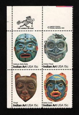 Scott # 1837a  US  "Indian Art"  Mr. ZIP Block of 4  M/NH - 1980 - Image 1 of 2