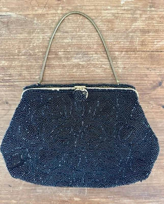 Vintage 1950s Joyce Morgan Paris France Evening Beaded Bag Purse Clutch Black - Image 1 of 4