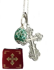 Collier pendentif oeuf en argent avec croix à trois barres sur pochette chaîne argent 18 pouces - Photo 1 sur 10