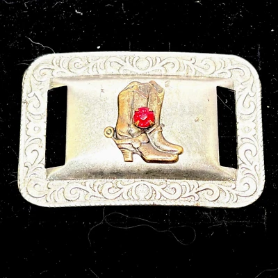 Cowboy Boots Belt Buckle Small Silver Tone with Red Stone Western 80s Vintage - Image 1 of 4