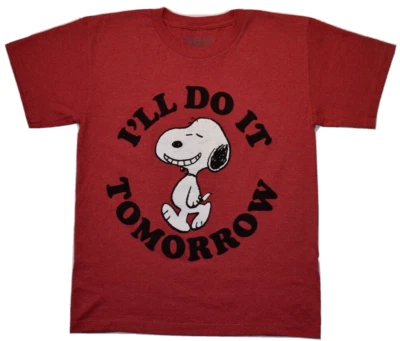 Peanuts Youth Boys Snoopy I'll Do It Tomorrow Funny Red Shirt New S - Image 1 of 4