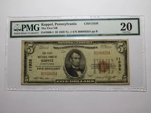 $5 1929 Koppel Pennsylvania National Currency Bank Note Bill Ch. #11938 VF20 PMG - Picture 1 of 5