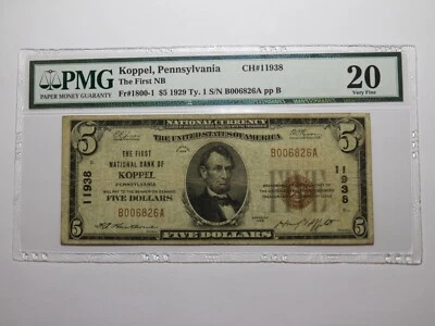 $5 1929 Koppel Pennsylvania National Currency Bank Note Bill Ch. #11938 VF20 PMG - Image 1 of 4