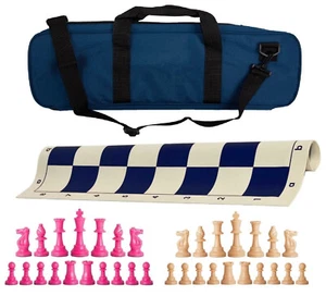 Juego de ajedrez de lujo de peso único azul marino - tablero, bolsa con piezas rosadas y naturales - Imagen 1 de 5