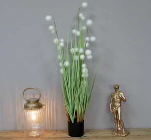 Artificial Large Grass with White Fluffy Wild Ball Flowers Potted Black Pot - Picture 1 of 2