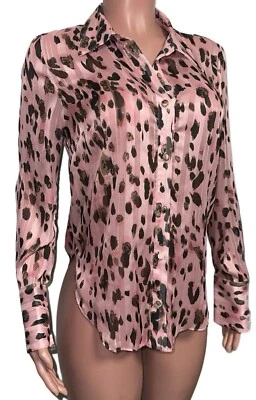 Camisa Milly Rosa Estampado Leopardo Lúrex Abotonada Burn Out Glam Semi Transparente S Bonita Foto 1 de 4