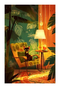 Cute Cat in Mid Century Modern Tiki Theme Room Art Print cic10 - Picture 1 of 2
