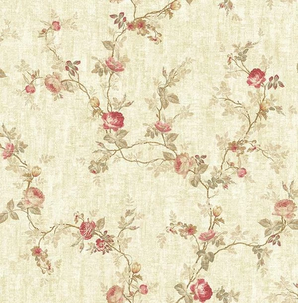 Wallpaper Red Pink Taupe Tan Floral Vine on Tan Gold Faux, 56 Sq Ft Bolt - Image 1 of 1