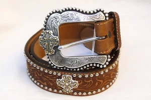 New Tony Lama Prairie Cross Brown Leather Belt Size 30 - Picture 1 of 8