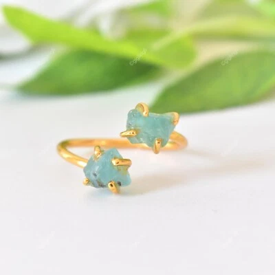 Raw Aquamarine Gemstone Band Ring Size 8 925 Sterling Silver Indian Jewelry - Image 1 of 4