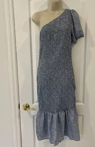 Fashion Blue M Smocked One Shoulder White Print Stretchy Short Sleeve Midi - Picture 1 of 16