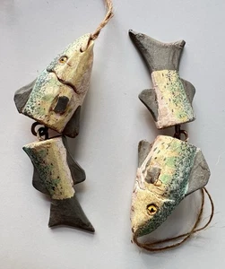 Vintage Hand Carved Jointed Wood Fish Ornaments 4″ Hanging Decor Christmas Set 2 - Picture 1 of 8