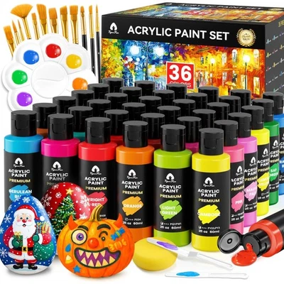 VIGORFUN 52 Pcs Acrylic Paint Set - 36 Colors 2oz/60ml with 12 Brushes, 2 Knives