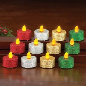 12 Flickering Flame LED Christmas Glitter Colored Flameless Tealight Candles - Picture 1 of 1