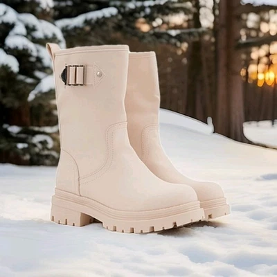 Neu  Damen Schuh Kunstleder Stiefel mit Zipper Deko-Schnalle beige,Gr.37 - Bild 1 von 4