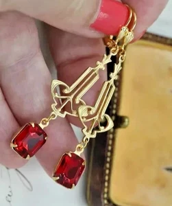 Ohrringe 3 kt Smaragdschliff Laborgefertigt roter Rubin Ohrhänger/Ohrhänger 14 K Gelbgold vergoldet - Bild 1 von 6
