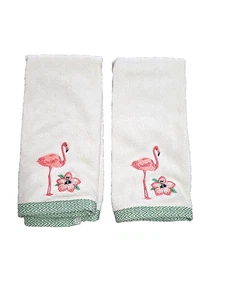 2er Set Rosa Flamingo Handtücher Bestickt 100% Baumwolle Weiß Grün Borte - Bild 1 von 8