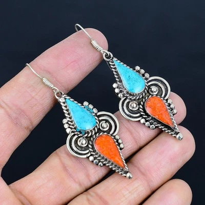 Orecchino vintage tibetano in argento sterling 925 fatto a mano corallo... - Immagine 1 di 4