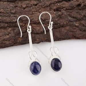 Oval Sodalite Stone Sterling Silver Dangle Drop Wife Engagement Earrings Jewelry - Picture 1 of 8