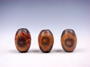 Lot Of 3 Tibetan Hand Crafted *3 Eyes* Pattern Dzi Beads #04012302 - Picture 1 of 5