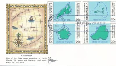 Micronesia sc# 4a FDC (1-4 Setenant Block of 4) - 1984 Maps - Gill Craft Cachet - Image 1 of 2