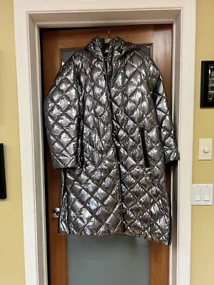 Dkny Women’s Hooded Long Puffer Coat With Interior Suspenders XL In Pewter - Image 1 of 4