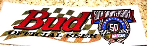 VINTAGE BUDWEISER BEER NASCAR 1948-1998 50th ANNIVERSARY BUMPER STICKER 8"X3" - Picture 1 of 5