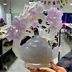 6 lb cristal de fluorite naturel sculpté prune fleur oiseau théière 'xi shang mei shao'