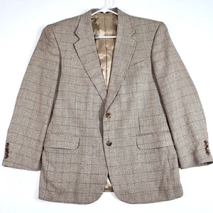 Stafford Houndstooth Silk Worsted Wool Linen Blend Blazer 42R Brown Sports Coat - Picture 1 of 14