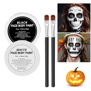 White Black Face Body Paint Halloween Clown Makeup Kit 2 Brushes Spooky Decor - Picture 1 of 12