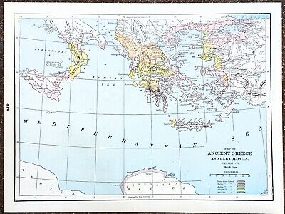 1898 Ancient Greece And Colonies Map 1200BC Athens Sparta Crete Sicily ORIGINAL • 24.27$