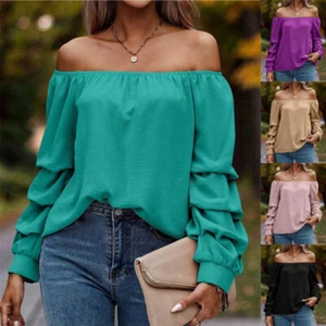 Ladies Elasticated Bardot Off Shoulder Blouse Ruched Tops Summer Tee Shirts 6-20 - Picture 1 of 18