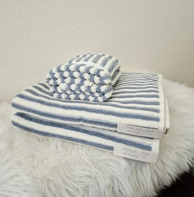 Rachel Zoe 4 件套浴巾套装(2 个浴缸 + 2 个手巾)白色和浅蓝色新品 — 第 1/4 张图片